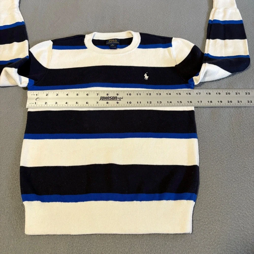 Polo Ralph Lauren Sweater Boys M (10-12) Blue White Striped Cotton Pony Logo
